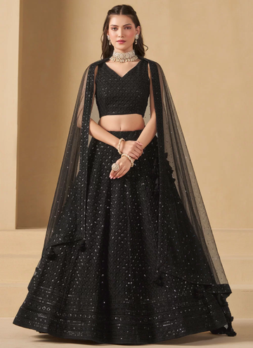 Trendy Black Georgette Lehenga embellished with sequin and thread embroidery work.